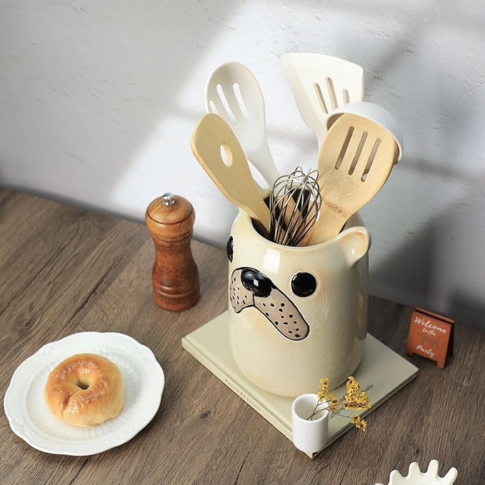 Ceramic Cartoon Animal Pattern Kitchen Utensil Holder, Large Cooking Utensil Crocks for Kitchen Countertop, Cartoon Style Utensil Organizer for Spatula, Kitchen, Home Decoration-Bulldog