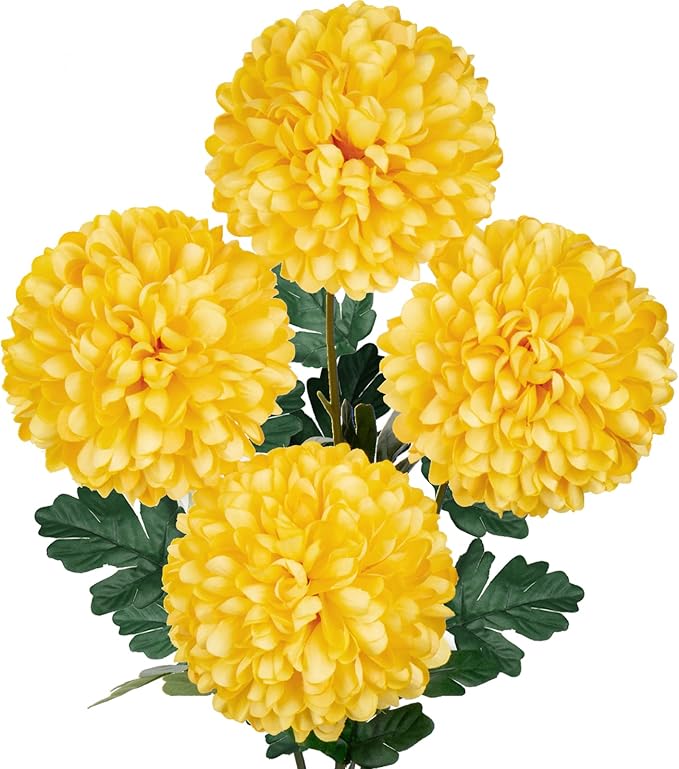 Briful Artificial Chrysanthemums Ball Flowers 6’’ Large Heads Mums Stems Autumn Yellow Fake Hydrangea Flowers Bouquet for Home Garden Party Wedding Decoration, Set of 4