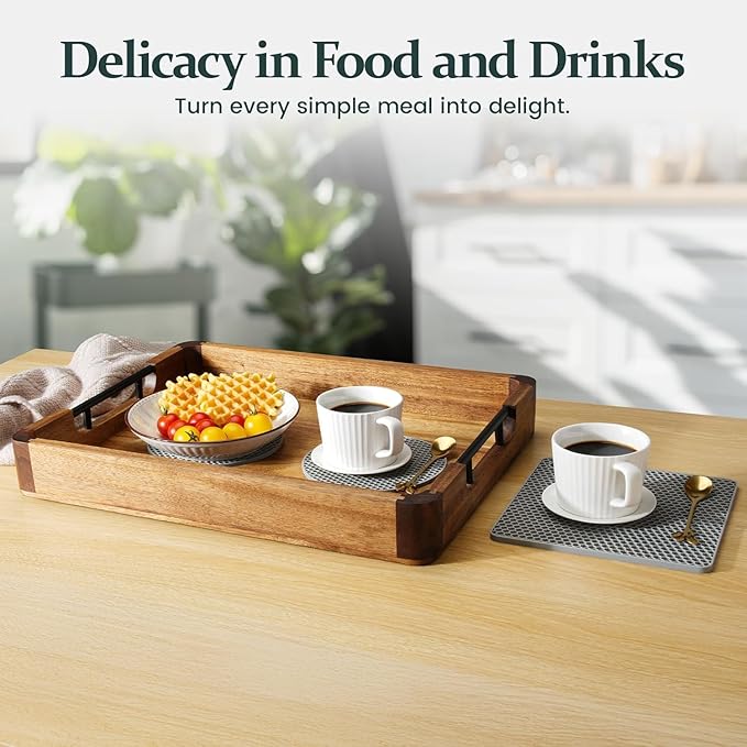 Acacia Wood Extra Large Serving Tray with Handles - Stylish Ottoman Tray for Coffee Table & Kitchen Island Decor | Decorative Trays for Resturant, Cafe, Breakfast, Multipurpose Organzier