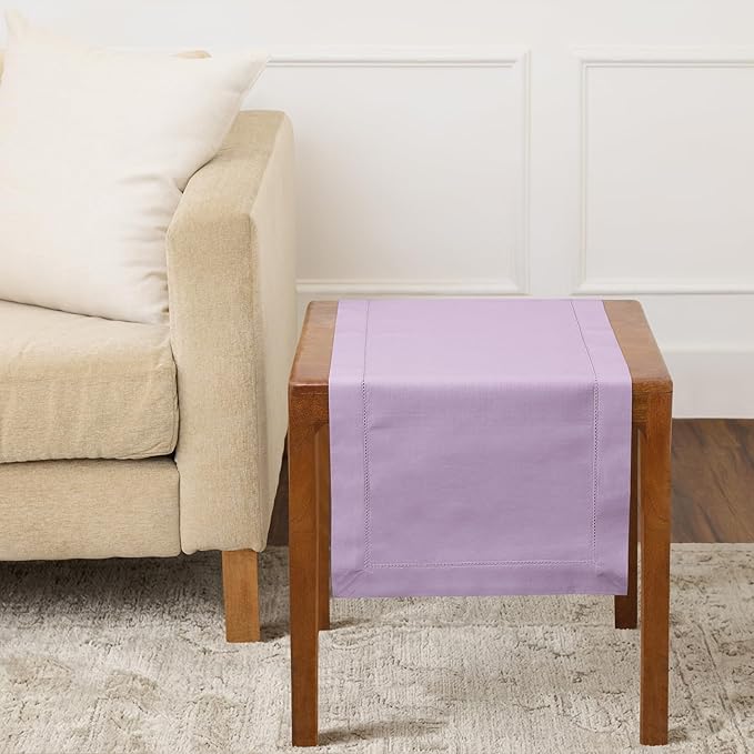 Solino Home Cotton Linen Table Runner 36 Inches - Lavender Ice Hemstitch Table Runner 14 x 36 Inch Ideal for Dresser and Coffee Tables - Spring, Summer