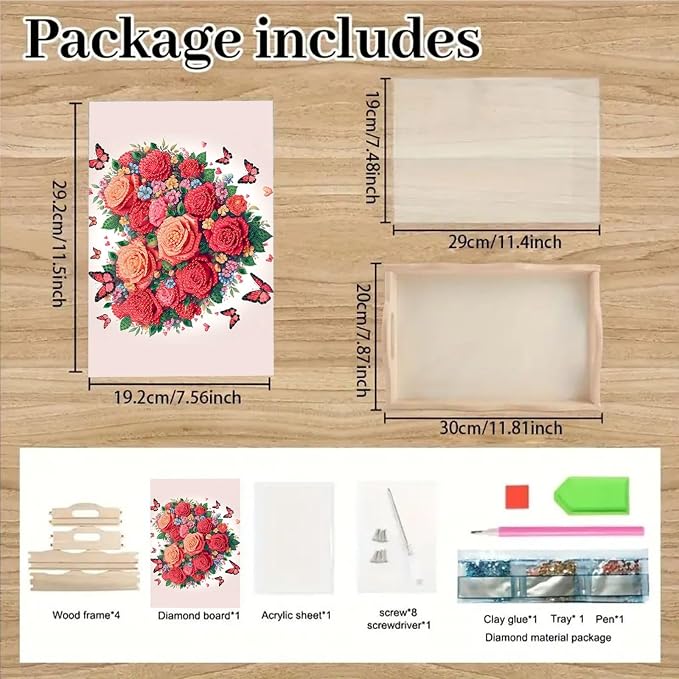 BAYUNOE DIY Diamond Serving Tray Rectangular Wooden Breakfast Tray with Handle Handmade Diamond Art Painting Spring Creative Dinner Plate Coffee Room Living Home Organizer-Rose Heart