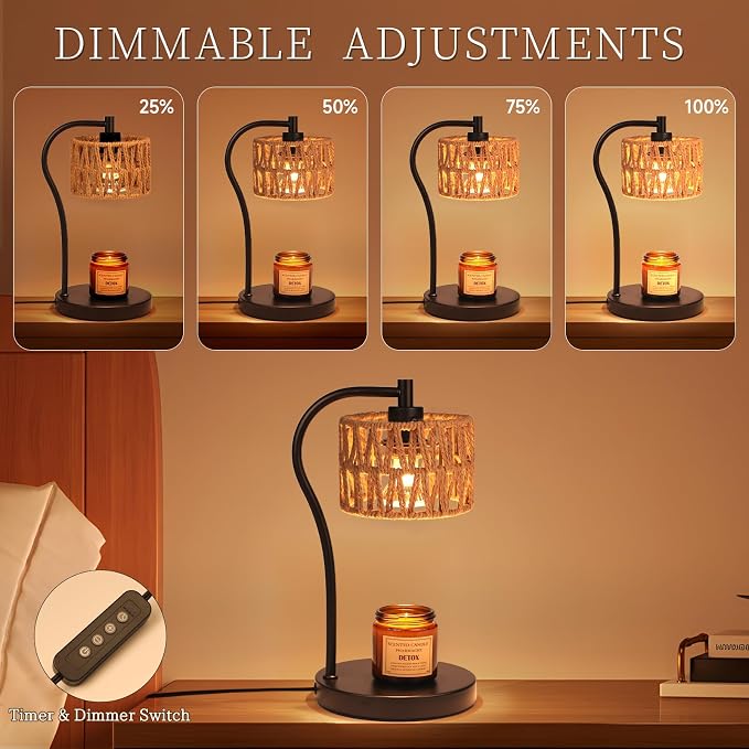 Ruiever Candle Warmer Lamp, Rattan Candle Heater with 2 Light Bulbs, Dimmable and Timer Melt Warmer for Scented Jar Candles Aromatic Holders for Home Room,Bedroom Living Room