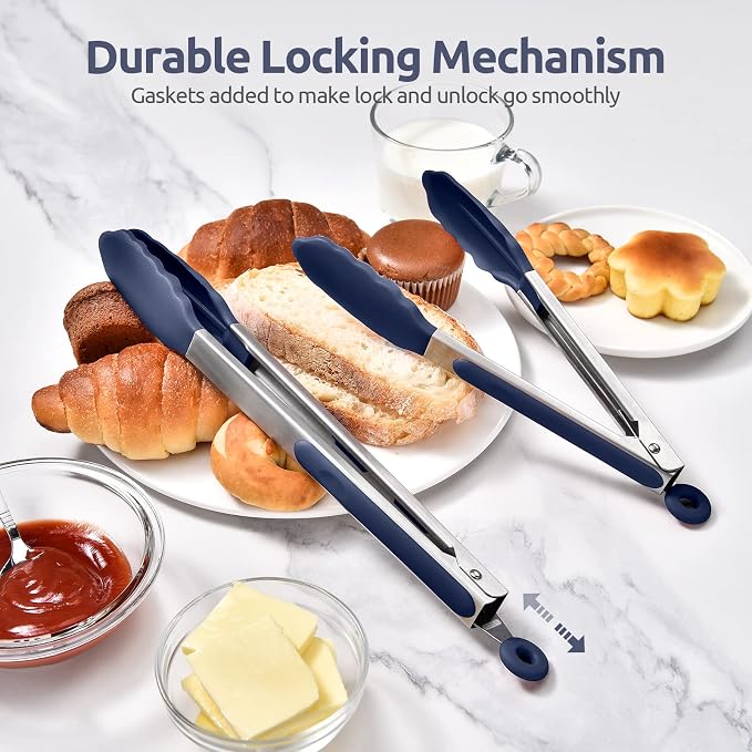 600ºF Heat Resistant Kitchen Tongs: U-Taste 9+12 inch Silicone Cooking Tong Set with Firm Sealed Non Stick Rubber Tips and Silicon Coated 18/8 Stainless Steel Handle for Serving Grilling-Midnight Blue