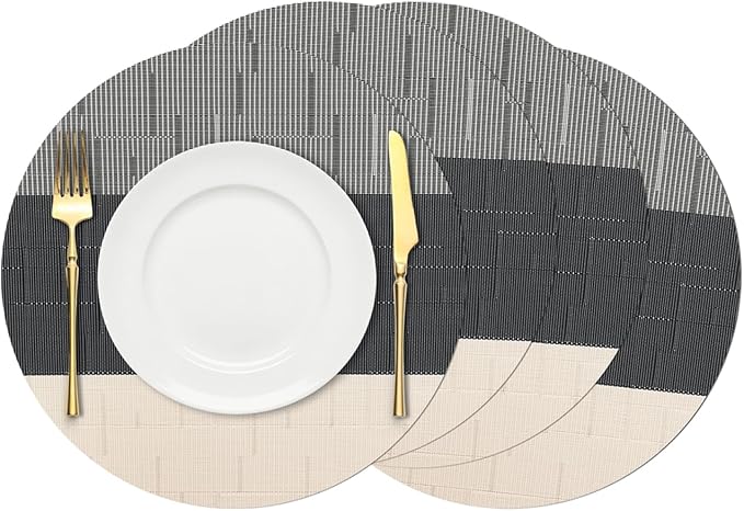 Round Placemats Set of 4, 15 Inch Woven Vinyl Heat Resistant Place Mats, Washable Non Slip PVC Table Mats for Kitchen Dining Party Outdoor Table Decor (Beige Black, 4)