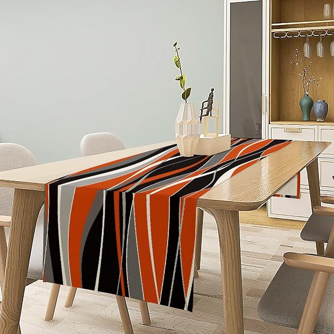 Abstract Modern Geometric Table Runner Orange Black Gray Minimalist Contemporary Geometry Ombre Wave Stripe Dinner Runner for Kitchen Dining Holiday Party Decor 13x90in