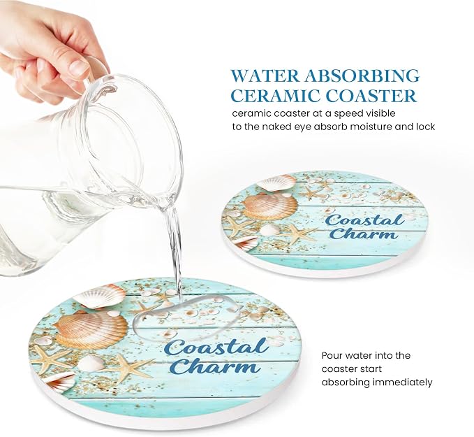 Coastal Charm Light Blue Beach Ceramic Coaster Set of 6 - Coastal Design with Seashells, Starfish & Sand Pattern, Wood Background, Non-Slip Cork Backing, Housewarming Gift