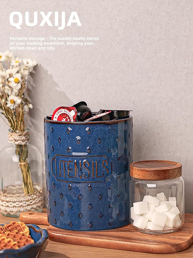 Ceramic Utensil Holder, 7" Utensil Crocks for Kitchen Counter, Cooking Utensil Organizer with Countertop Protection, Farmhouse Kitchen Decor (Vintage Blue, 7")