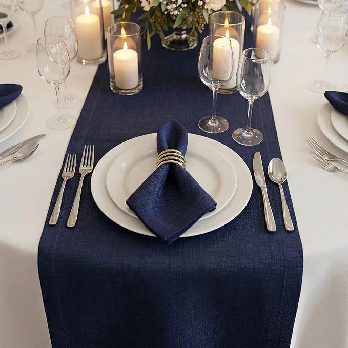 Solino Home Linen Navy Blue Table Runner 120 Inches Long - 100% Pure Linen 14 x 120 Inch Table Runner for 4th of July - Diana Medium Weight