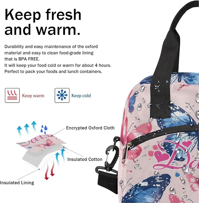 Personalized Butterfly Lunch-Bag for Women, Custom Insulated Cooler Lunch Box with Name, Leakproof-Reusable Lunch Tote Bag for Work Office Picnic - Pink Blue 2