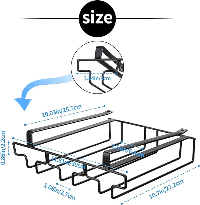 Wine Glass Rack Under Cabinet Drilling Free No Screw Steamware Holder Under Shelf Metal Wine Glasses Holders 304 Stainless Steel Hanger Storage Organizer Hanging Glass Fit for Bar Kitchen 3 Rows Black