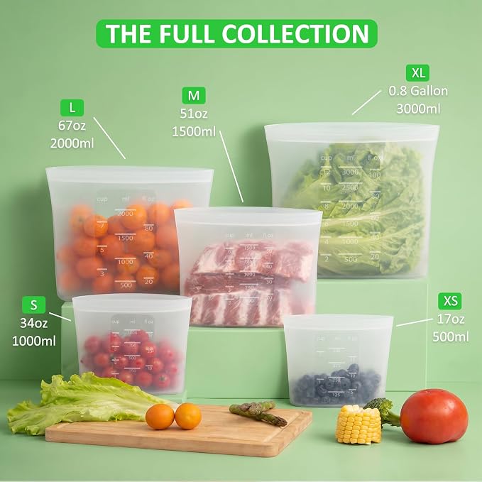 100% Platinum Silicone Reusable Storage Bags, 12 Pack, Premium Silicone Food Storage Bag Stand-Up Wide-Mouth Zip-Lock, Freezer Microwave Oven Dishwasher Safe, 4 M + 4 S + 4 XS, Crystal-Clear