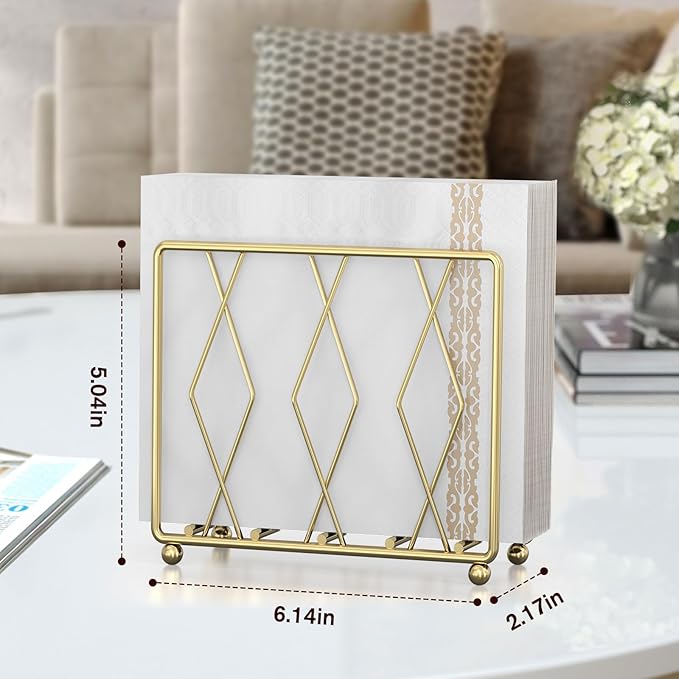 Napkin Holder for Table, Modern Metal Napkin Holders for Paper Napkins & Kitchen Dining & Countertops, Cocktail Upright Napkin Holder Dispenser Suitable for All Room Decors (Large, Gold)