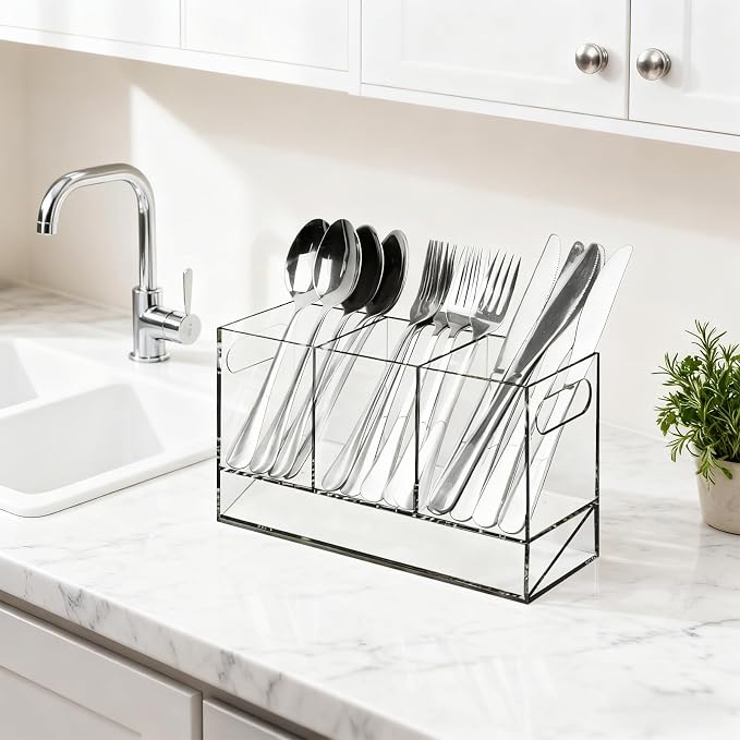 Utensil Holder, Upgrade Stainless Steel Utensil Drying Rack with Automatic Drain Tray for Kitchen Counter, Silverware Cutlery Organizer for Spoons, Forks, Knifes, Chopsticks (Clear Acrylic)