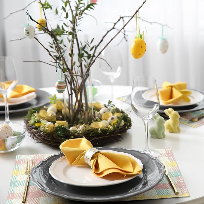 Niviy Buffalo Plaid Blue Pink Yellow Spring Easter Placemats Set of 4, 12x18 Inch Table Mat Easter Placemat Decor for Holiday Party Kitchen Dining Room Decoration