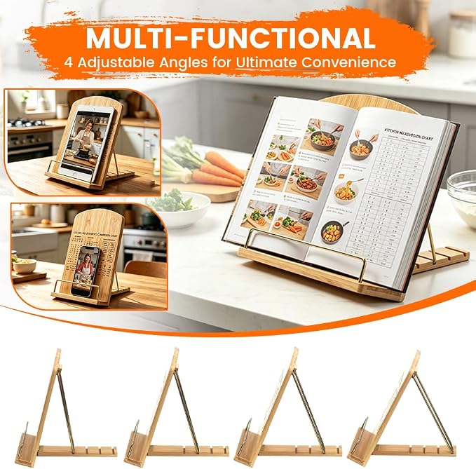 Adjustable Bamboo Cookbook Stand for Kitchen Counter – Multi-Functional Recipe Holder for Tablets, Cookbooks, Magazines & Textbooks – Perfect Kitchen Gift for Women (Kitchen Conversion Chart)