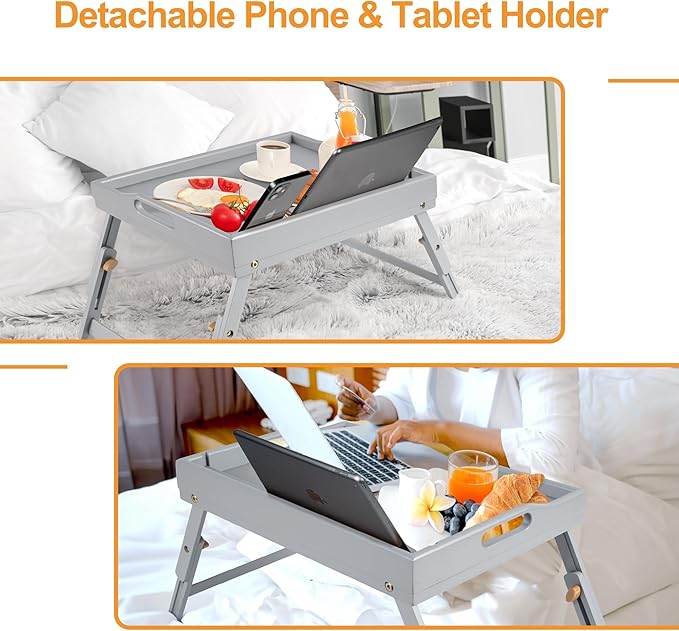 Greenual 2 Pack Bed Tray Table with Handles Folding Legs, Bamboo Breakfast Food Tray with Media Slot, Use As Platter, Laptop Desk, Snack, TV Tray Kitchen Serving Tray(Grey)