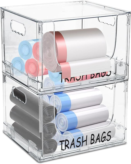Trash Bag Holder Stand,Stackable Trash Bag Dispenser with Lids, Plastic Under Sink Organizers and Stackable Storage Box, Large Garbage Bags Dispenser for Kitchen, Pantry, Laundry Room