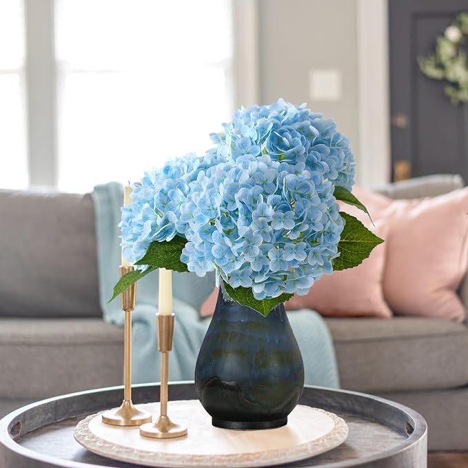 Leftover 21" Blue Hydrangea Artificial Flowers,3 Pcs Real Touch Hydrangea Flowers with 3 PCS Butterflies for Centerpiece Table Decorations,Floral Arrangements for Coffee Table Decor,Living Room Decor