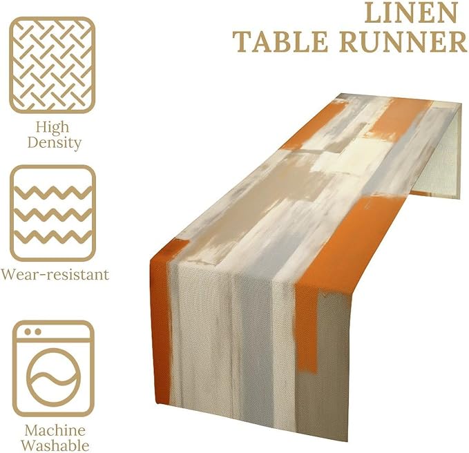 Orange Grey Table Runner Modern Abstract Art Vintage Brown Beige Burlap Table Dinner Runner for Farmhouse Cabin Coffee Kitchen Dining Holiday Party Home Decoration 13x90in