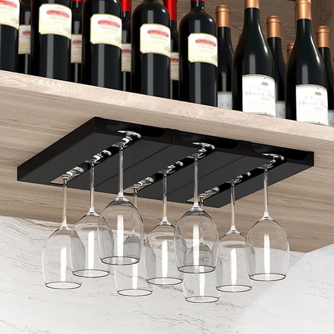 4 PCS Under Cabinet Punch-free Plastic Wine Glass Holder,No Drilling Stemware Rack Glasses Storage Hanger Hanging Stemware Rack for Bar Cabinet Kitchen,Black