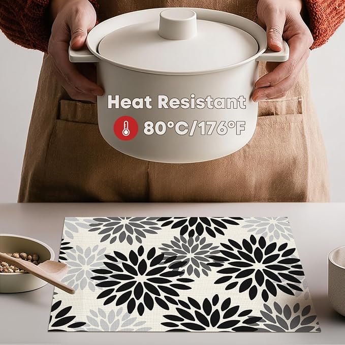 Artoid Mode Floral Vinyl Placemats Set of 4, Heat Resistant Washable Non-Slip Plastic PVC Place Mats for Party Kitchen Dining Decor