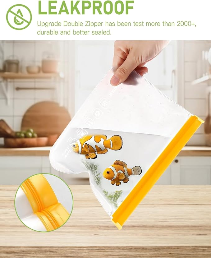 IDEATECH 24Pack Reusable Food Freezer Bags Dishwasher Safe, Leakproof Storage Contaizers, Reusable Bags Various Size for Food Storage, BPA Free Resealable Baggies(8Gallon 8Quart 8Snack,Colored)