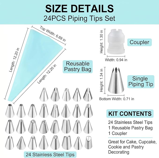 26PCS Cake Decorating Kit, Stainless Steel Piping Tips Set with Reusable Pastry Bag & Coupler, Icing Tips for Cupcake, Baking, DIY Dessert Decorating Tools (Bag Included)