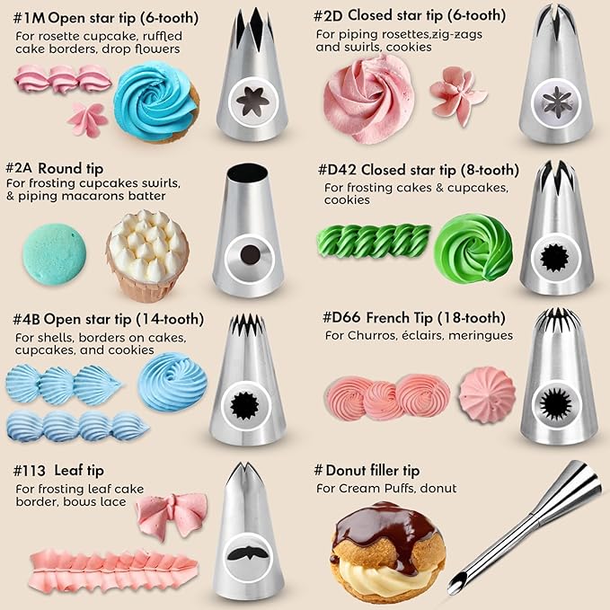 15PCS Reusable Piping Bags and Tips Set - Cake Decorating Kit with 8 Stainless Steel Nozzles, 2 Silicone Pastry Bags, 2 Couplers, Flower Nail, Lifter, Guide & Brush