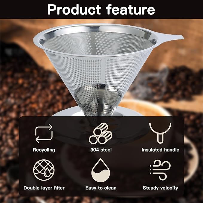 Pour Over Coffee Dripper, Stainless Steel Coffee Filter, Fine Mesh Double Layer Design of Manual Reusable Cone Coffee Filters, Paperless Pour Over Coffee Maker (Double mesh 1-4 cups silver)