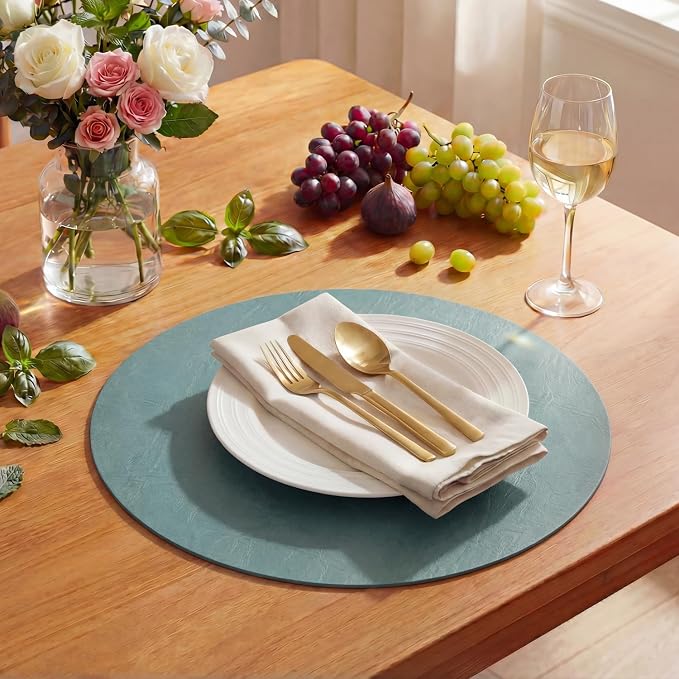 Artoid Mode Blue Faux Leather Placemats Set of 4, 15 Inch Waterproof Wipeable Heat Resistant Vinyl Place Mats, Reversible Table Mats for Winter Kitchen Dining Decor