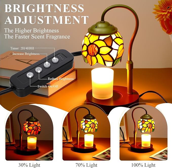 Candle Warmer Lamp - Electric Candle Lamps Timer Dimmer, Sunflower Tiffany Style Stained Glass Candle Warming Lamp Compatible with Jar Candles Valentine Birthday Gifts for Mom Friend Wax Melt Warmer
