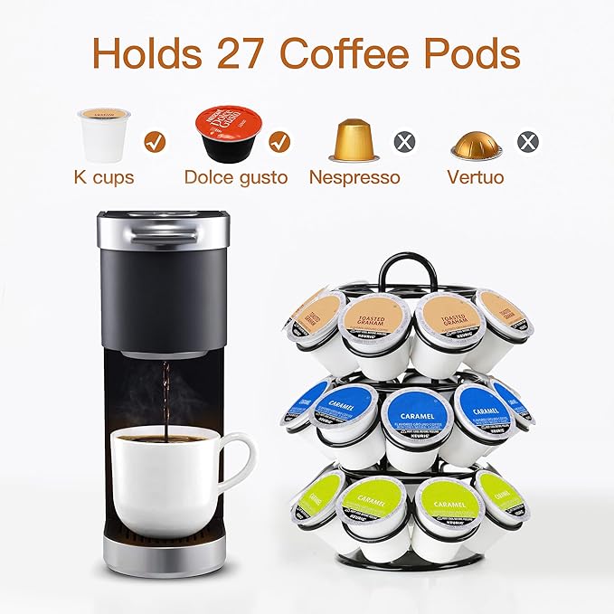 Coffee Pod Holder for Keurig Pods, K Cup Holder, K Cup Carousel, Coffee Pods Organizer Stand, No Assembly Required, 27 Pods Capacity, 360-Degrees Rotating -Black