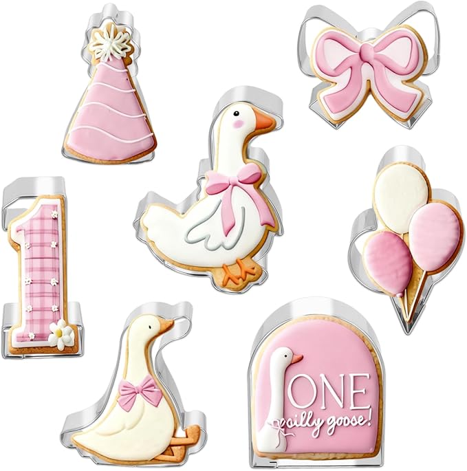 JarThenaAMCS 7Pcs One Silly Goose Baby Shower Cookie Cutters Set Biscuit Cutter Cute Goose Bow Birthday Hat Stainless Steel Cookie Cutting Molds for First Birthday Supplies