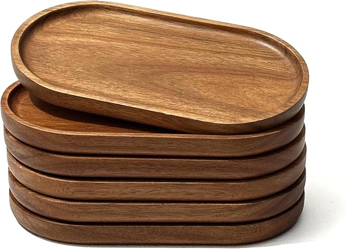 Small Wooden Tray (7.5 x 4.1 inch) 6 Pack, Oval Mini Serving Tray | for Coffee Tables, Dessert, Snack, Fruit, Acacia Wood Platter for Vegetable, Decor Restaurant