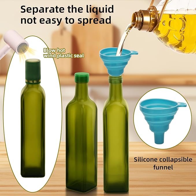 17oz 4 Pcs Olive Oil Dispenser Bottle,500ml Glass Oil and Vinegar Dispenser Set with 4 Stainless Steel Pourers, 8 Labels,Funnel Oil Bottles for Kitchen (Green)