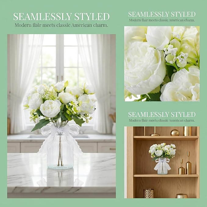 Small Fake Flowers in Vase,2 Packs Pink Peonies Artificial Flowers with Vase, Silk Artificial Peonies Flowers for Desk Bathroom Home Decor Indoor (White)