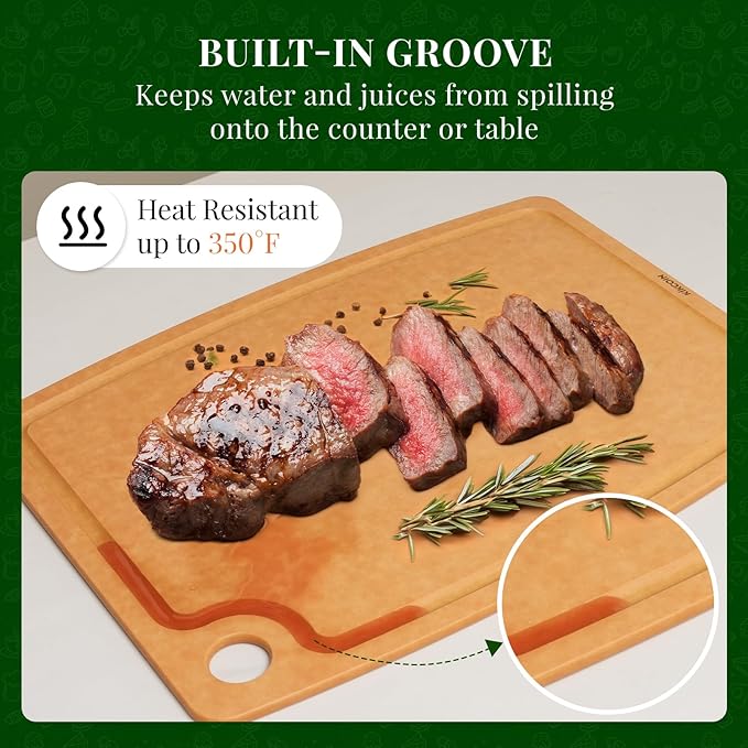 Kikcoin Wood Cutting Board, Cutting Boards for Kitchen Dishwasher Safe Non-slip Chopping Board with Juice Groove, Wood Fiber Composite Cutting Board with Hanging Hole, 14.6"*10.8"