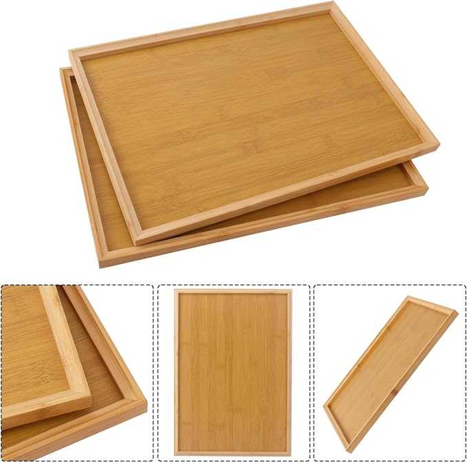 6 Pack 16.4 x 11.6 x 0.9 Inch Bamboo Serving Tray with Handles, Rectangular Wooden Breakfast Tray, Decorative Coffee Platter for Serving Food, Kitchen, Living Room, Picnic