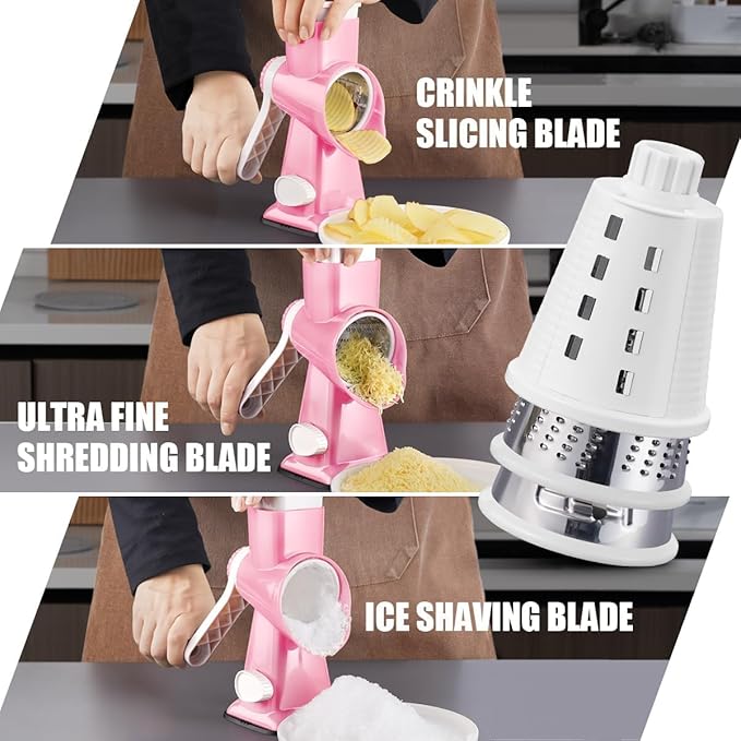 KEOUKE Rotary Cheese Grater Pro 6 in 1 - Shredder Crinkle Slicer Grinder Ice Shaver, Stable Suction, Time-saving Easy Use & Clean, Safe Morden Kitchen Tool for Cheese, Vegetable, Nuts, Chocolate