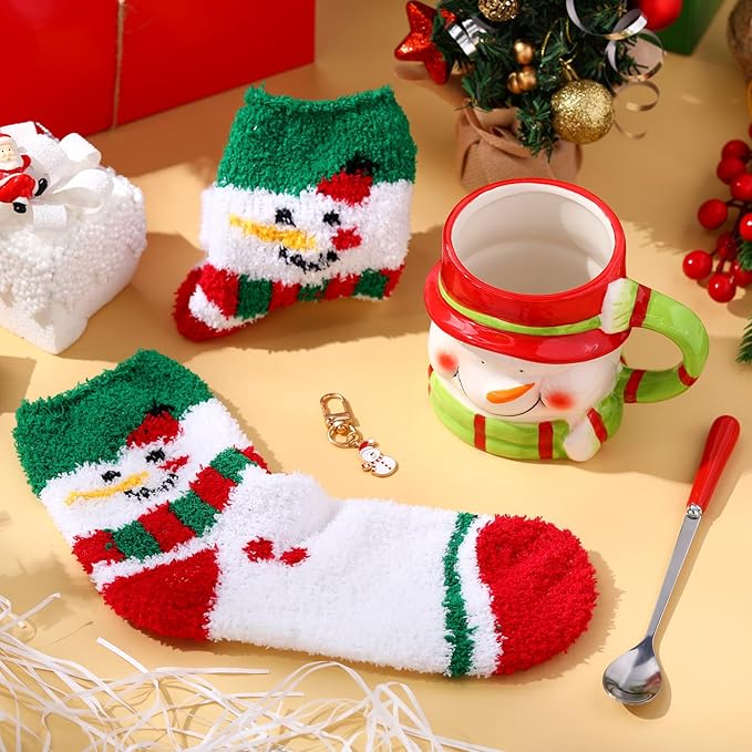 Sliner 4 Pcs Snowman Mug Gifts Set Include Christmas Coffee Mugs 17 oz with Red Spoons Funny Winter Fuzzy Socks Mini Snowman Keychains Hot Chocolate Cup for Women Men Xmas Holiday Birthday Gifts