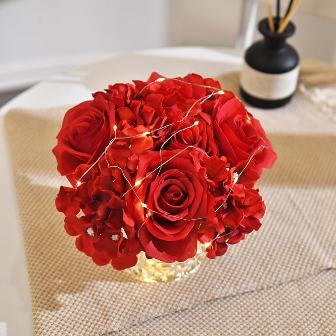 Rose Silk Flower Arrangement Artificial Vivid Rose in Glass Vase with LED Light Elegant Centerpiece for Home Wedding Bathroom Table Shelf Decoration (Red)