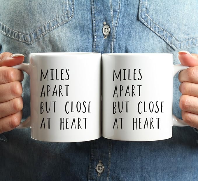 Andaz Press Funny Couples 11 oz Ceramic Coffee Mugs, Miles Apart But Close at Heart, His and Hers Mugs Set of 2, Valentines Day Coffee Mug for Him and Her, Mr and Mrs Mugs, Couple Mugs for Husband