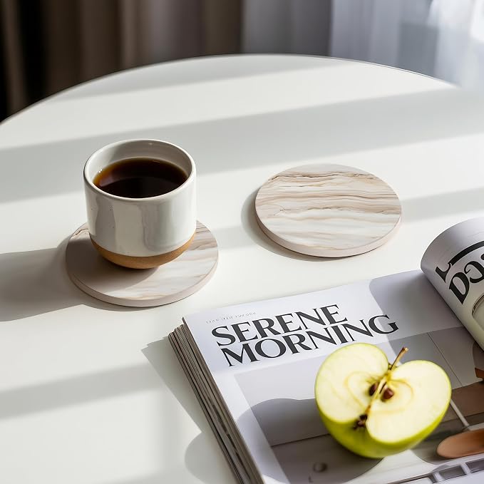 VEYRO Ceramic Coasters Set of 4 – Absorbent Stone Drink Coasters with Holder, Non-Slip Cork Backing, Modern Marble Look Coasters for Coffee Table, Desk & Home Decor