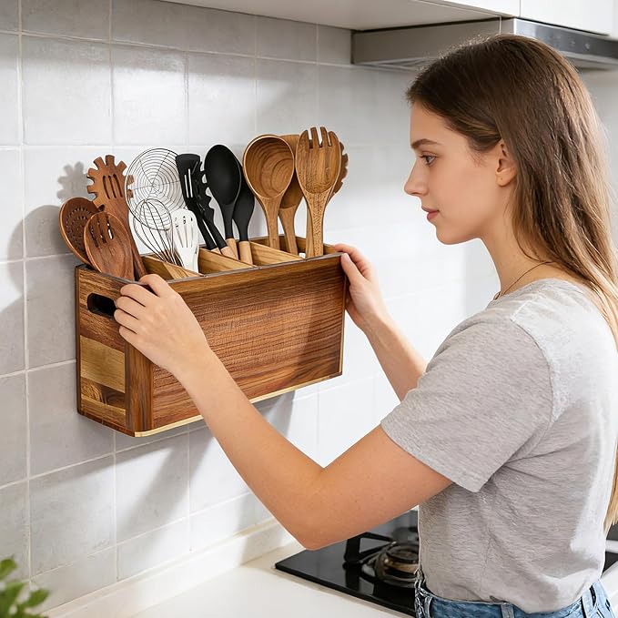 Large 4-Compartment Acacia Wooden Utensil Holder, Rustic Kitchen Counter Organizer, Extra Large Wood Storage Container for Cooking Utensils and Silverware