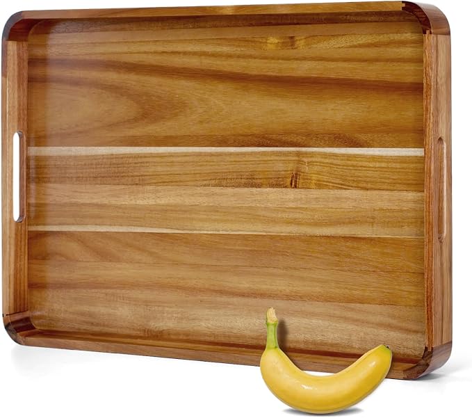 26" x 17" Acacia Wood Serving Tray with Handles & Rounded Corners | Huge Rectangular Wooden Ottoman Tray for Living Room, Kitchen, Coffee Table, Food Serving