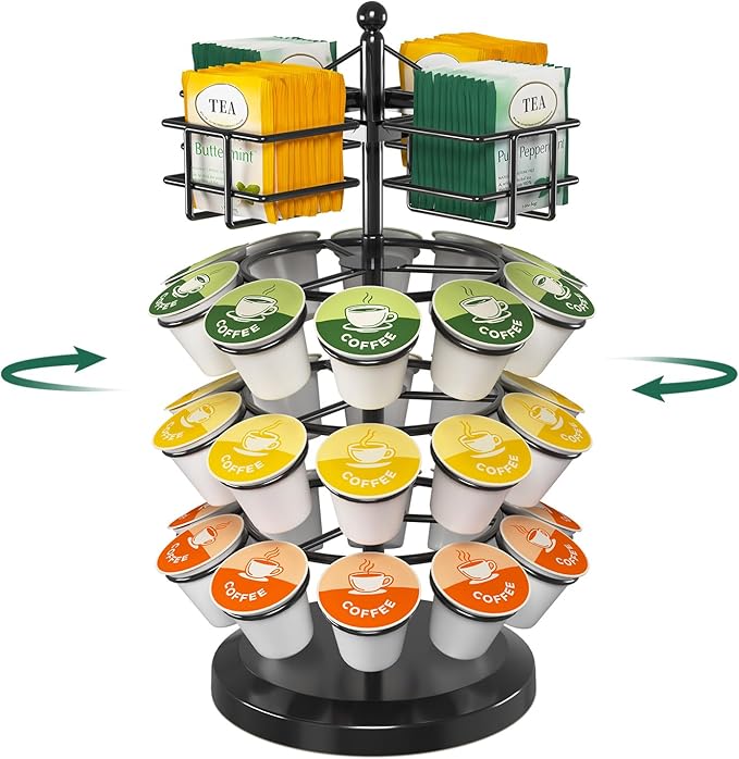 EsLuker.ly K Cup Holder Coffee Pod Organizer Carousel for Countertop, Rotatable Metal 4-Tier Storage Rack Stand for 30 K Cups & Tea Bags, Convenience Meets Elegance