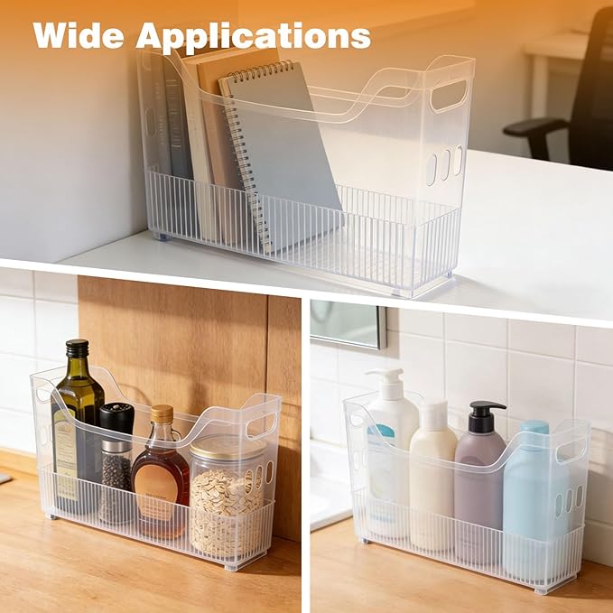3 Pcs Kitchen Pantry Storage Organizer Bins, Rolling 13.4 X 9.8 X 3.5 in Baskets with Wheels, Stackable Clear Plastic Freezer Organizer for Office
