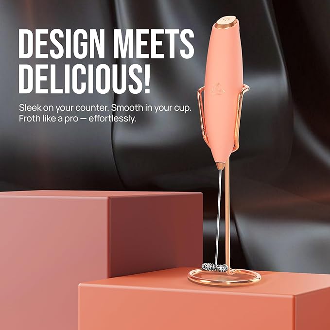 Zulay Kitchen Powerful Milk Frother Wand With Duracell Batteries - Ultra Fast Handheld Drink Mixer - Electric Whisk Foam Maker for Coffee, Lattes, Cappuccino & Matcha - Z1 Motor - Exec Peach Copper