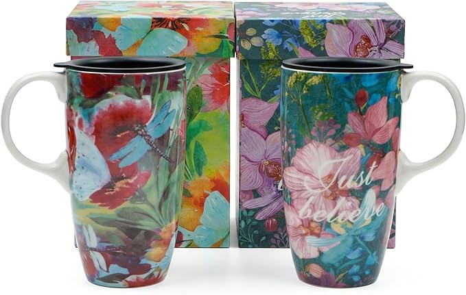 DUSVALLY Set of 2 Ceramic Travel Mug with Handle and Splash-Resistant Slider Lid, Suitable for Coffee and Tea, Microwave & Dishwasher Safe, Pink+Green Flower Mug