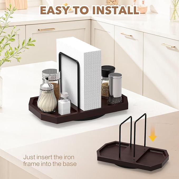 Napkin Holder for Table, Rotating Napkin Dispenser with Salt and Pepper Shakers Storage, Standing Paper Napkin Organizer for Kitchen Dining Table Decor (1, Brown)